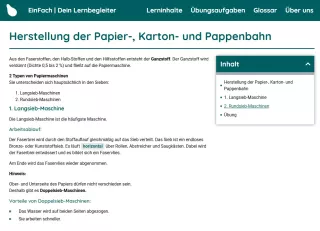 Webseite: Herstellung der Papier-, Karton- und Pappenbahn