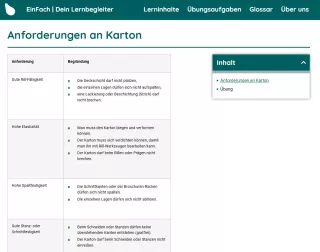 Webseite: Anforderungen an Karton