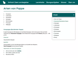 Webseite: Arten von Pappe