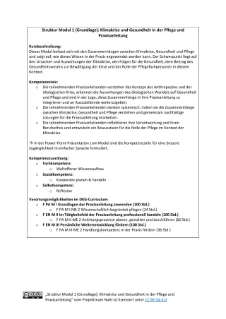 Handreichung: Struktur Modul 1 (Grundlage): Klimakrise und Gesundheit in der Pflege und Praxisanleitung