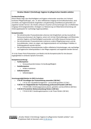 Handreichung: Struktur Modul 2 (Vertiefung): Hygiene im pflegerischen Handeln anleiten