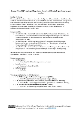 Handreichung: Struktur Modul 6 (Vertiefung): Pflegerisches Handeln bei klimabedingten Erkrankungen anleiten