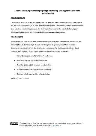 Unterrichtsbaustein: Praxisanleitung: Ganzkörperpflege nachhaltig und hygienisch korrekt durchführen