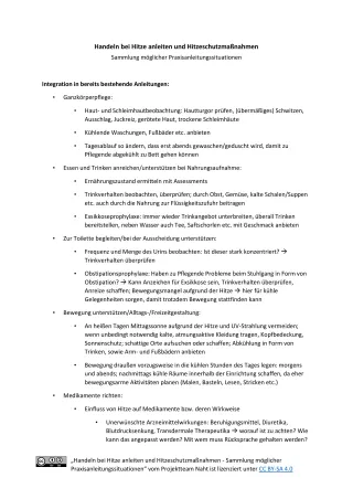 Merkblatt: Handeln bei Hitze anleiten und Hitzeschutzmaßnahmen - Sammlung möglicher Praxisanleitungssituationen