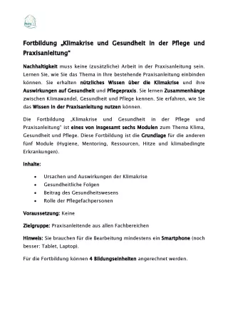 Text: Fortbildung „Klimakrise und Gesundheit in der Pflege und Praxisanleitung“