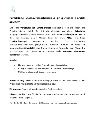 Text: Fortbildung „Ressourcenschonendes pflegerisches Handeln anleiten“