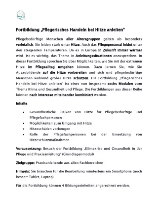 Text: Fortbildung „Pflegerisches Handeln bei Hitze anleiten“