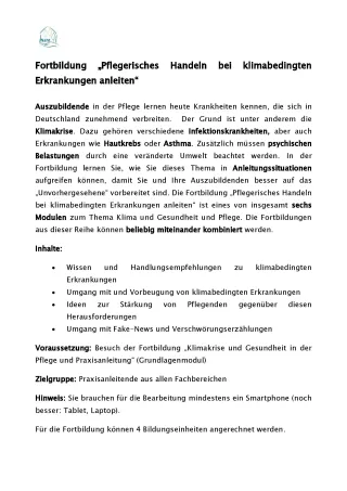Text: Fortbildung „Pflegerisches Handeln bei klimabedingten Erkrankungen anleiten“