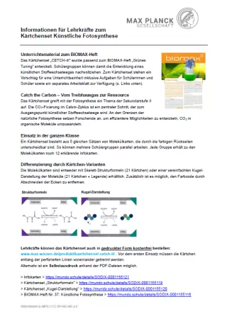 Unterrichtsplanung: Informationen für Lehrkräfte zum Kärtchenset Künstliche Fotosynthese (Word)