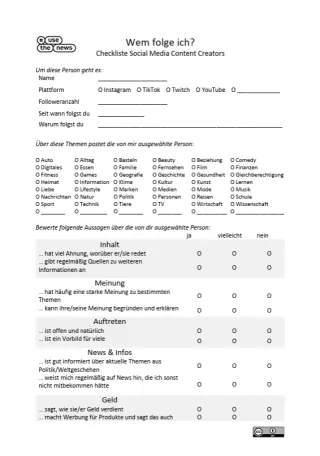 Unterrichtsbaustein: Content Creators und Influencer im Unterricht | Checkliste Social Media Content Creators (Einzelarbeit)