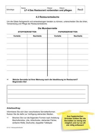 Unterrichtsbaustein: 4.2 Restaurantwäsche Servietten
