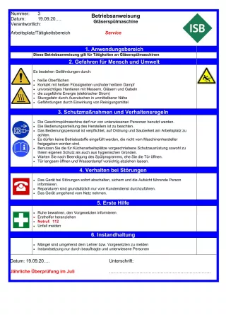 Unterrichtsbaustein: 13.1 Betriebsanweisung Gläserspülmaschine