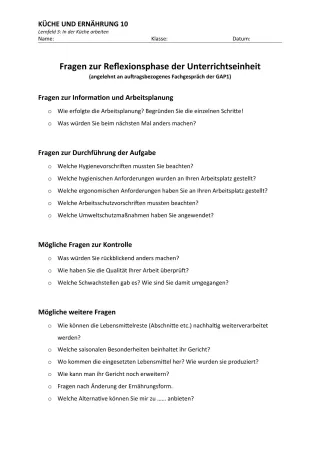 Unterrichtsbaustein: 3.5 Fragen zur Reflexionsphase der Unterrichtseinheit
