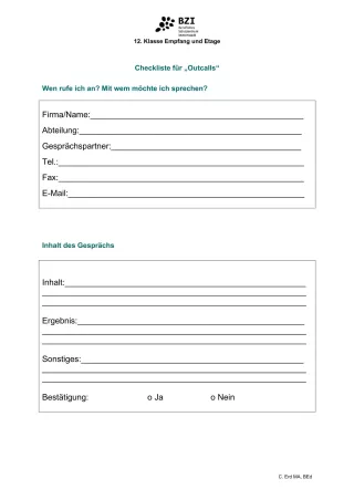 Unterrichtsbaustein: 6.1 Checkliste für Outcalls: Gesprächsnotiz
