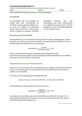 Unterrichtsbaustein: 14.1 Wirtschaftlichkeitsberechnung von Veranstaltungen: Rentabilität