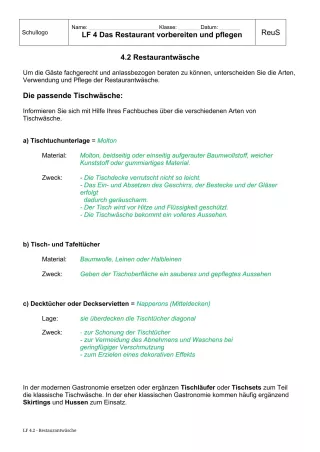 Unterrichtsbaustein: 4.2 Restaurantwäsche Tischtücher (Lösung)