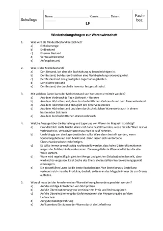 Unterrichtsbaustein: 12.1 Wiederholungsfragen zur Warenwirtschaft