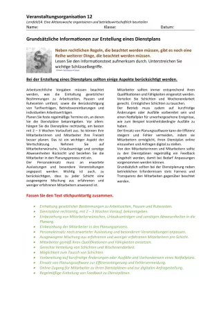 Unterrichtsbaustein: 14.1 Grundsätzliche Informationen zum Dienstplan