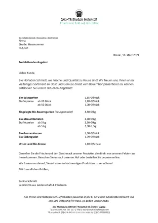 Unterrichtsbaustein: 10.2 Angebot Bio-Hofladen Schmidt