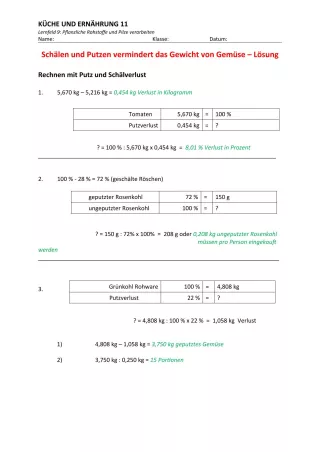 Unterrichtsbaustein: 9.3 Schälen und Putzen vermindert das Gewicht von Gemüse (Lösung)