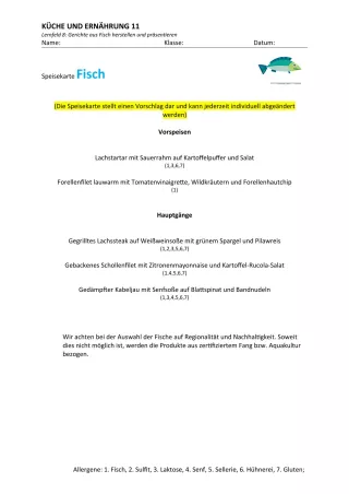 Unterrichtsbaustein: 8.1 Speisekarte Fisch
