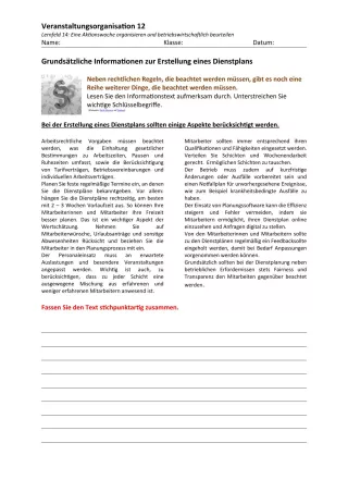 Unterrichtsbaustein: 14.1 Grundsätzliche Informationen zum Dienstplan (Lösung)