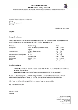 Unterrichtsbaustein: 10.2 Angebot Gewächshaus GmbH
