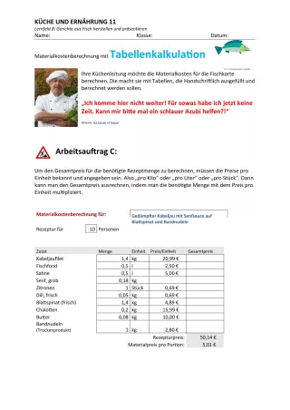 Unterrichtsbaustein: 8.4 Materialkostenberechnung mit Tabellenkalkulation Arbeitsauftrag C