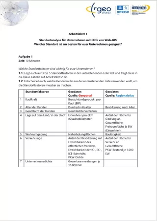 Arbeitsblatt: Arbeitsblatt 1: Standortanalyse mit Web-GIS (Standortfaktoren & Geodaten)
