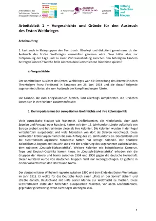 Arbeitsblatt: Arbeitsblatt 1 - Vorgeschichte und Gründe für den Ausbruch des Ersten Weltkrieges