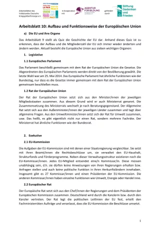 Arbeitsblatt: Arbeitsblatt 10 - Aufbau und Funktionsweise der Europäischen Union