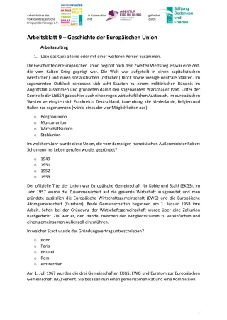 Arbeitsblatt: Arbeitsblatt 9 - Geschichte der Europäischen Union