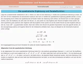 Webseite: Die quadratische Ergänzung und Parabelfunktion