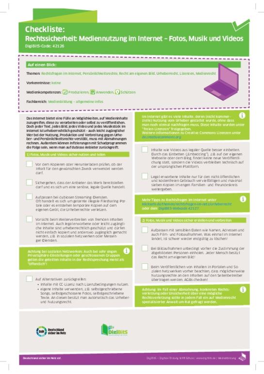 DigiBitS-Checkliste: Rechtssicherheit: Mediennutzung im Internet - Fotos, Musik und Videos (pdf)