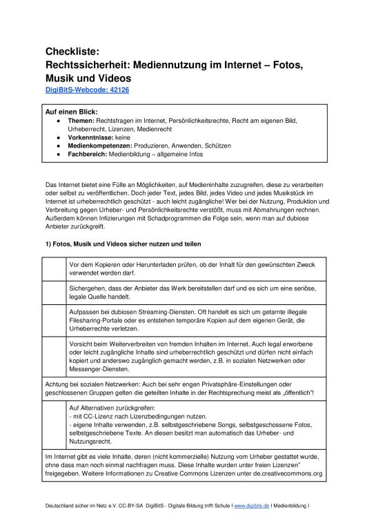 DigiBitS-Checkliste: Rechtssicherheit: Mediennutzung im Internet - Fotos, Musik und Videos (odt)