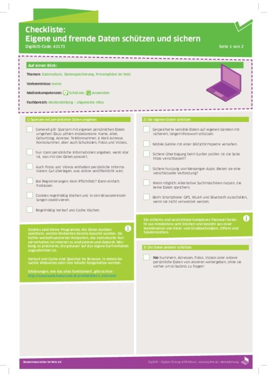 DigiBitS-Checkliste: Eigene und fremde Daten schützen und sichern (pdf)