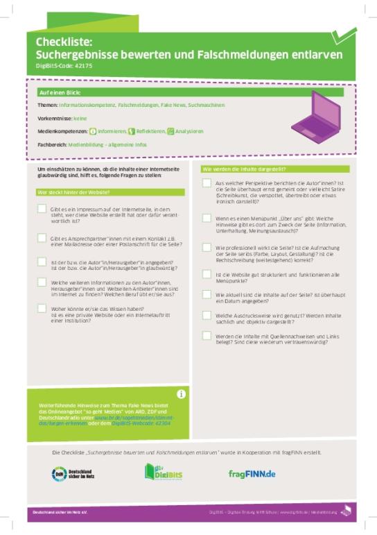 DigiBitS-Checkliste: Suchergebnisse bewerten und Falschmeldungen entlarven (pdf)