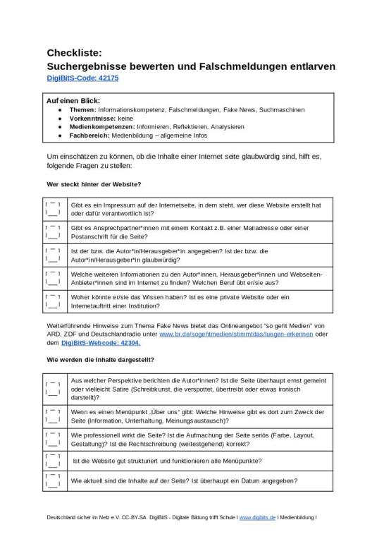 DigiBitS-Checkliste: Suchergebnisse bewerten und Falschmeldungen entlarven (odt)