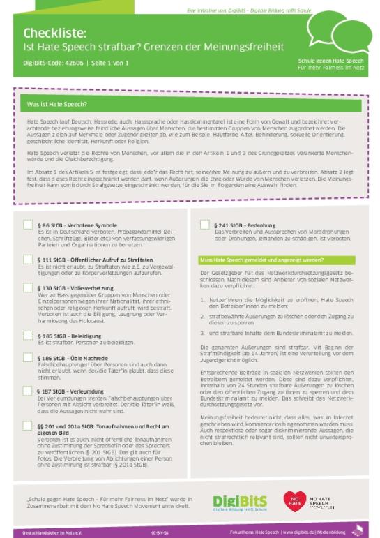 DigiBitS-Checkliste: Ist Hate Speech strafbar? (pdf)