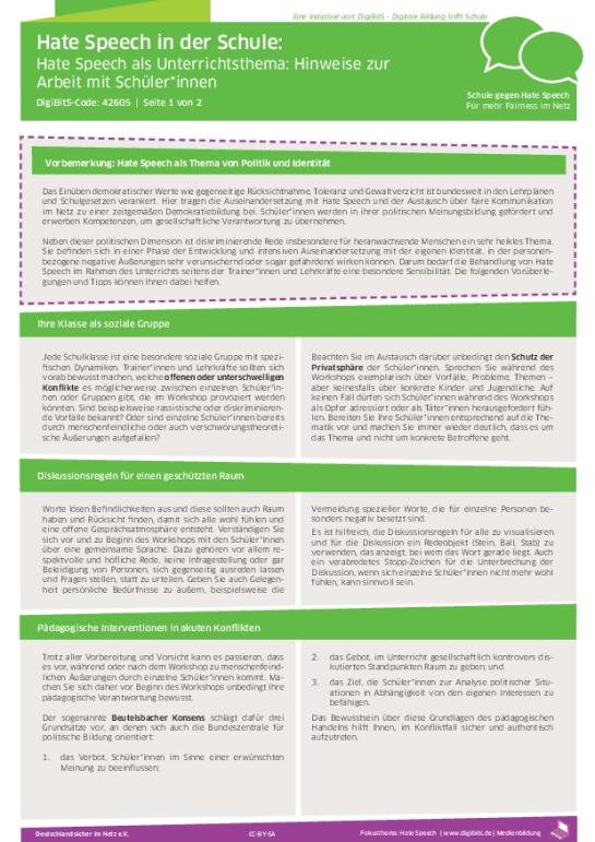 Hate Speech als Unterrichtsthema: pädagogische Hinweise (pdf)