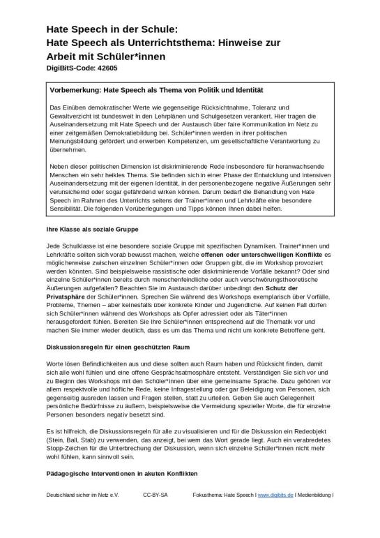 Hate Speech als Unterrichtsthema: pädagogische Hinweise (odt)