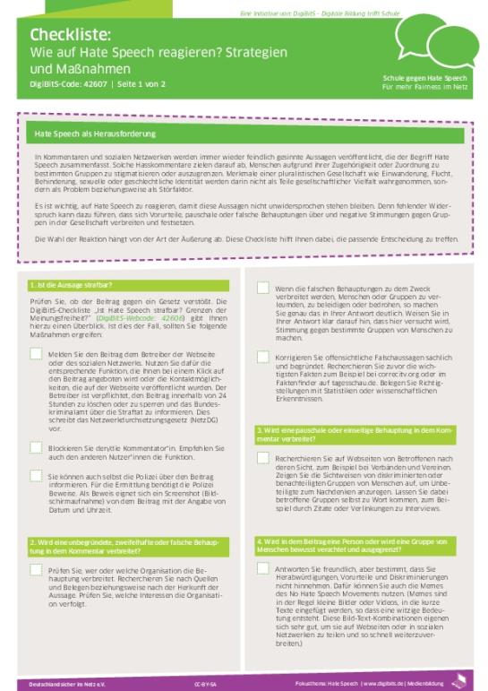 DigiBitS-Checkliste: Wie auf Hate Speech reagieren? (pdf)