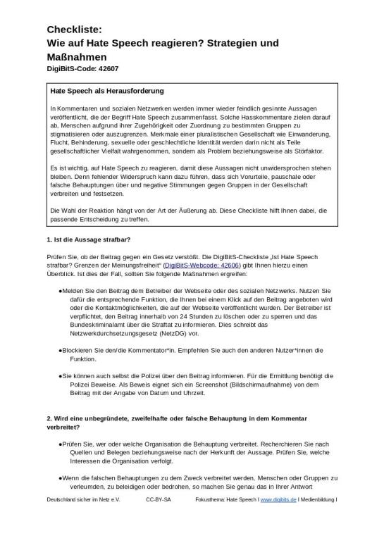 DigiBitS-Checkliste: Wie auf Hate Speech reagieren? (odt)