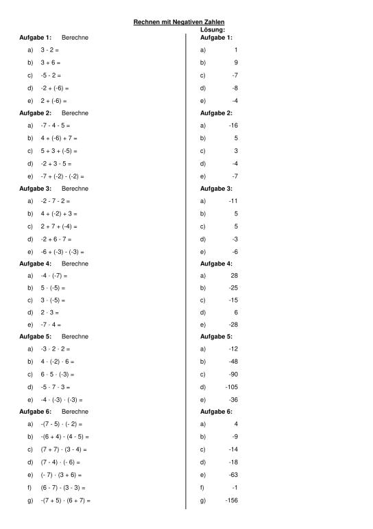 Positive Und Negative Zahlen Aufgaben Mit Lösungen Pdf MUNDO