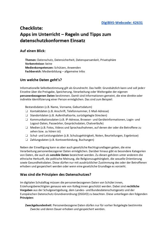 DigiBitS-Checkliste: Apps im Unterricht – Regeln und Tipps zum datenschutzkonformen Einsatz (odt)