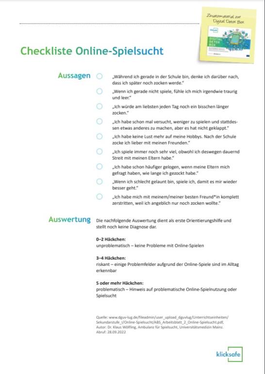 Checkliste Online-Spielsucht