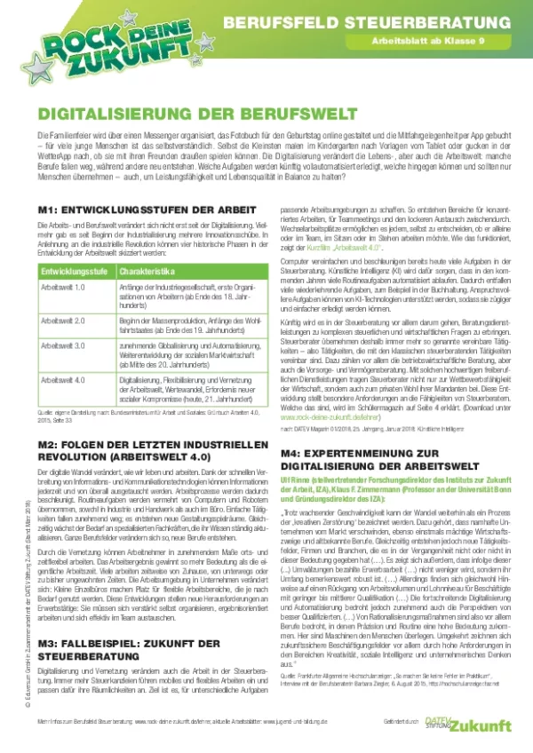 Arbeitsblatt: Digitalisierung der Berufswelt