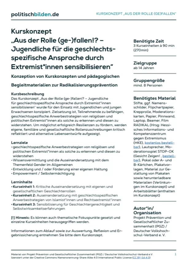 Arbeitsblatt: „Aus der Rolle (ge-)fallen!? – Jugendliche für die geschlechtsspezifische Ansprache durch Extremist*innen sensibilisieren“ (Übersicht Kurskonzept)