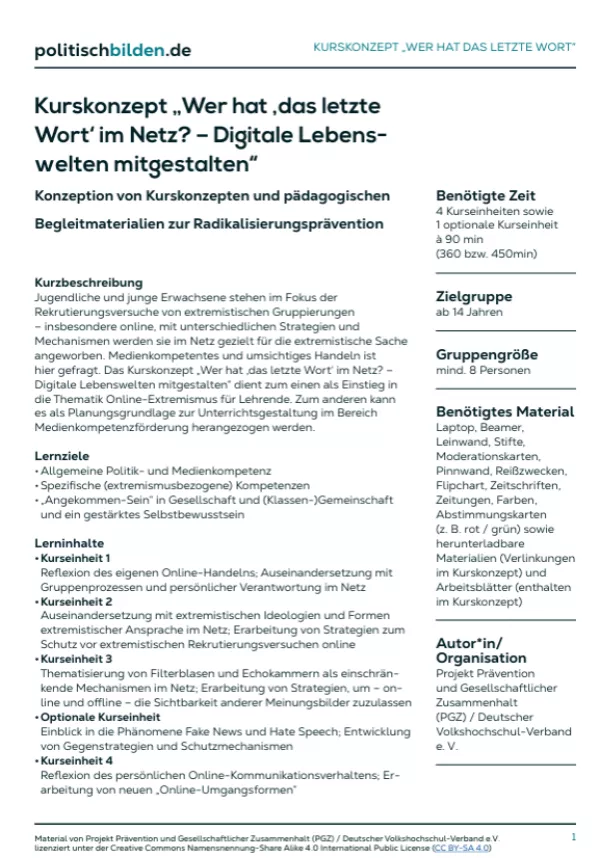 Arbeitsblatt: „Wer hat ‚das letzte Wort‘ im Netz? – Digitale Lebenswelten mitgestalten“ (Übersicht Kurskonzept)