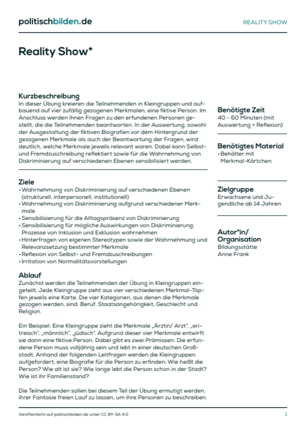 Arbeitsblatt: Reality Show - Reflexion von Selbst- und Fremdzuschreibung